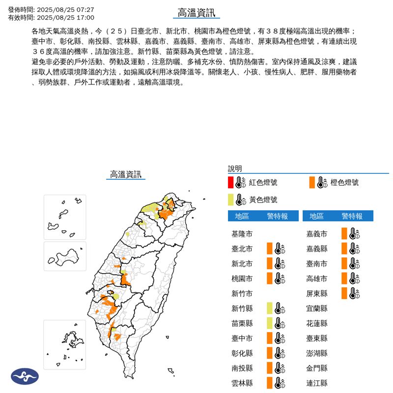 中央氣象署針對14縣市發布高溫特報。（圖／中央氣象署）