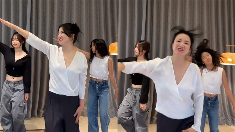 阿雅同框姪女（左，黑衣）、女兒（右，白背心）嗨跳「剉冰舞」。（圖／翻攝自阿雅小紅書）