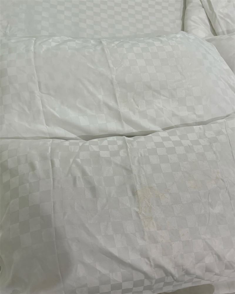 原PO控訴枕頭有污漬，業者強調有送洗更換。（圖／翻攝自爆廢公社）