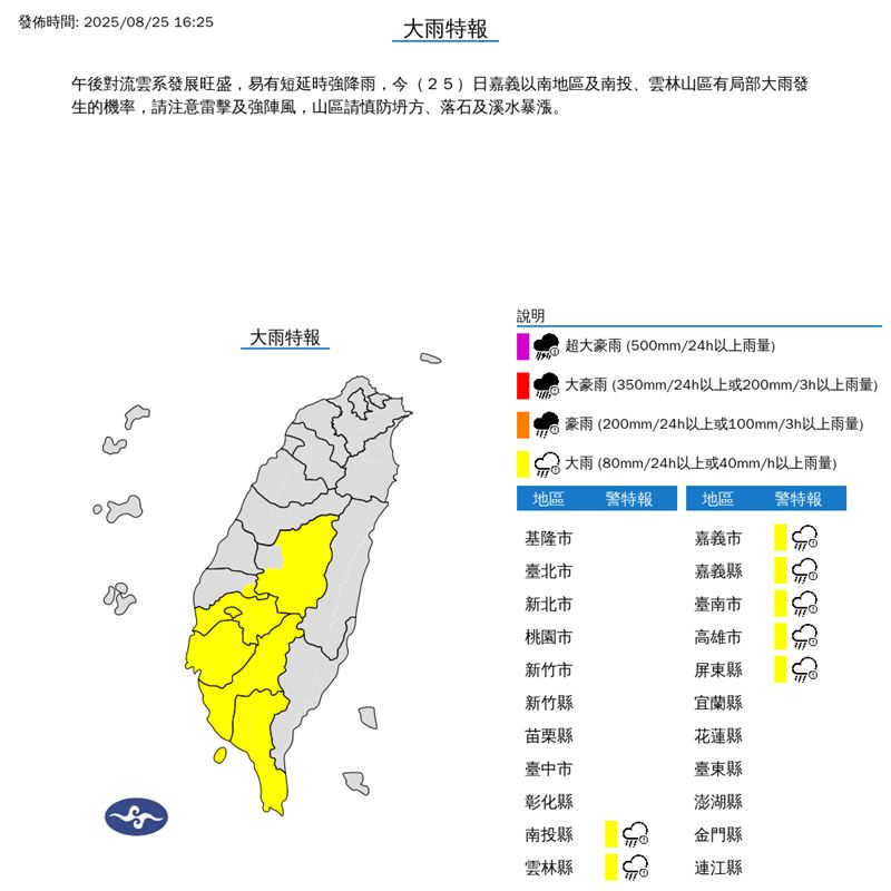 7縣市大雨特報。（圖／氣象署）