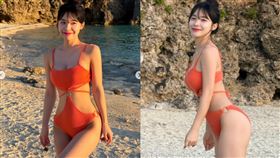李多慧身穿橘色泳裝在海邊擺拍，少少的布料包不住美胸火辣身材，深邃事業線被一覽無遺。（圖／翻攝自李多慧IG）

