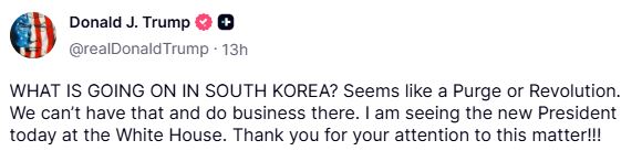 川普與李在明會面前，於個人社群平台突PO出一則對南韓不滿的貼文。（圖／翻攝自川普的Truth Social）