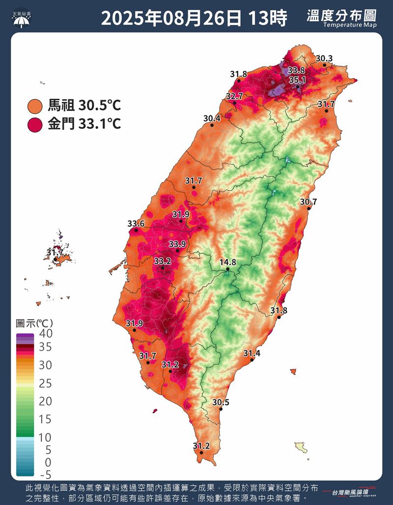 高溫排行，新北三峽、五股飆38.2度最熱。（圖／翻攝自「台灣颱風論壇─天氣特急」臉書）