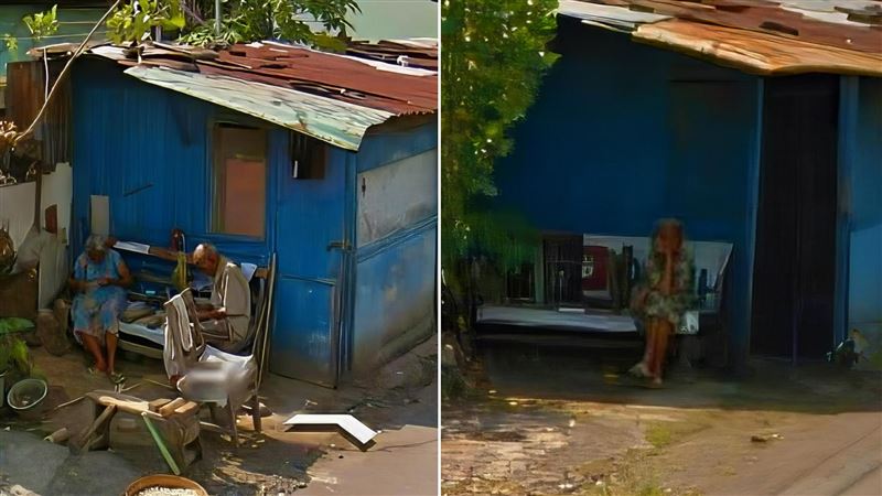 街景拍下，2015年（左）一對老夫妻坐在屋子前、2020年（右）只剩老太太一人。（圖／翻攝自Google街景）