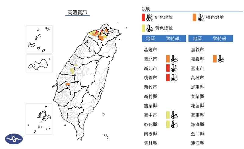 氣象署提醒，6縣市民眾防高溫。（圖／中央氣象署）