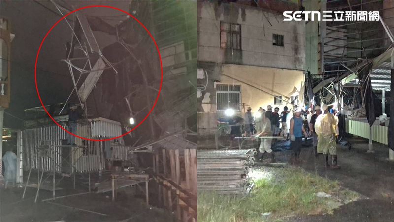 一處造船廠的鷹架被風吹垮垂掛破壞電線，導致旗津3千多戶停電。（圖／翻攝畫面）