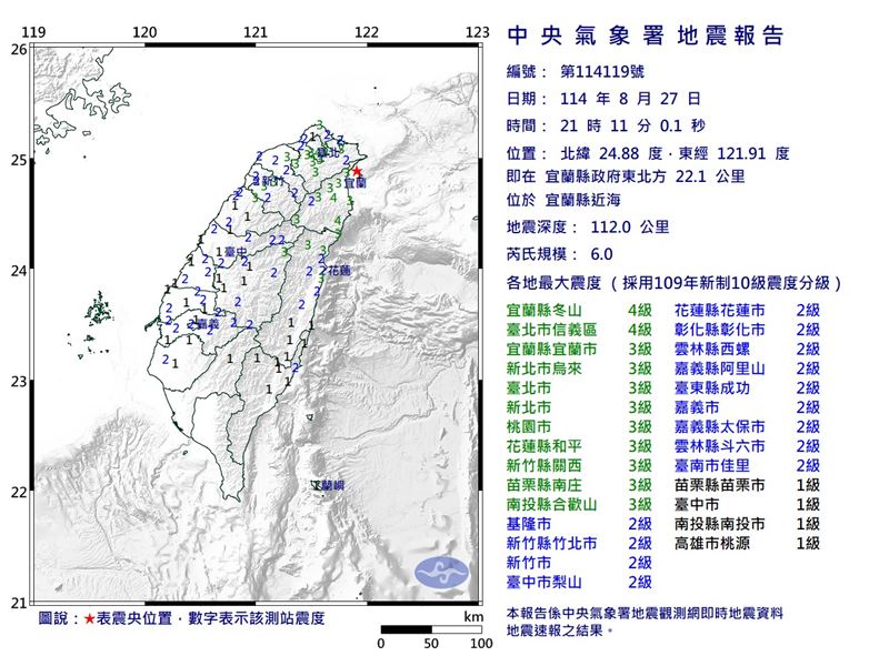 昨日晚間9時11分發生芮氏規模6.0地震。（圖／氣象署）