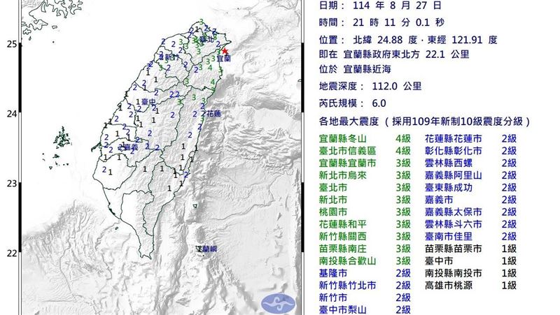宜蘭縣近海發生芮氏規模6.0地震。（圖／氣象署）