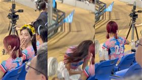 比賽中突地震，南珉貞嚇傻「蹲下找掩護」。（圖／翻攝自X平台 @cheer_leaderfan）
