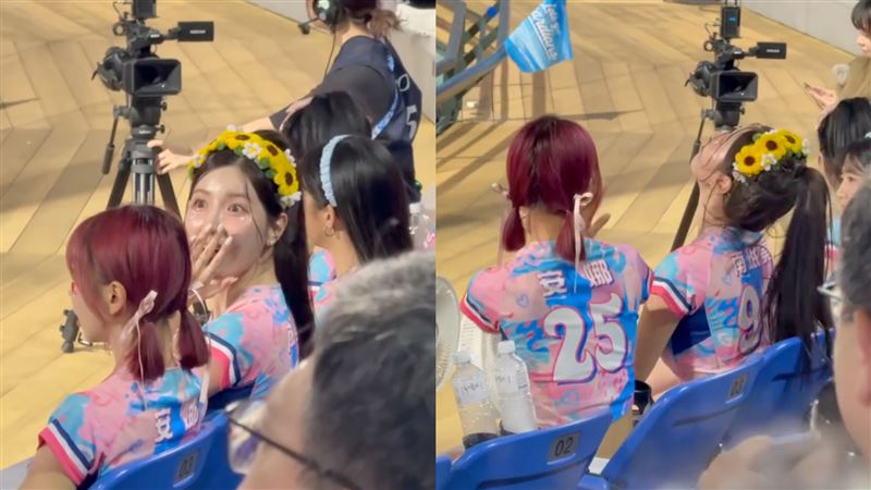 比賽中突地震，南珉貞嚇傻「蹲下找掩護」。（圖／翻攝自X平台 @cheer_leaderfan）