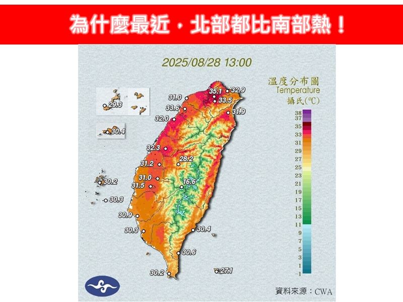 針對最近北部比南部熱，林得恩說明可能跟太平洋高壓及當時的大氣環流有關。（圖／翻攝自「林老師氣象站」臉書）