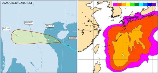 熱帶低壓在海南島南方海面，今日有發展成颱的機率(左)。下週還有其他熱帶系統，在台灣東方遠海活動(右)