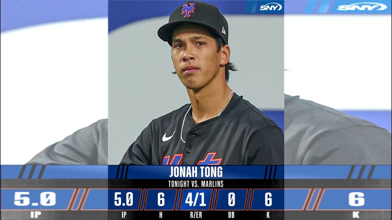 大都會港裔新秀董（Jonah Tong）大聯盟初登板5局飆6K。（圖／翻攝自SNY Mets推特）