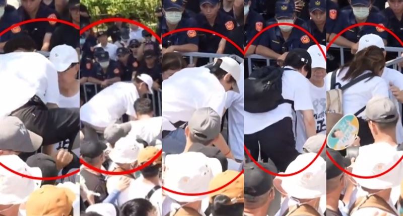 民眾黨立委爬上拒馬，左起為林國成、張啓楷、黃珊珊、劉書彬、麥玉珍。（組合圖／翻攝畫面）