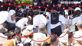 左起林國成張啟楷黃珊珊劉書彬麥玉珍爬圍籬。（組合圖／翻攝畫面）