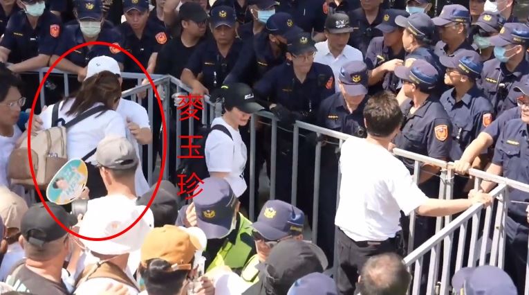 民眾黨走讀活動，與警方爆發推擠，麥玉珍爬拒馬。（組合圖／翻攝畫面）