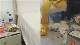 大陸2名年輕男子入住民宿2天留下滿地狼藉。（圖／翻攝自揚子晚報微博）