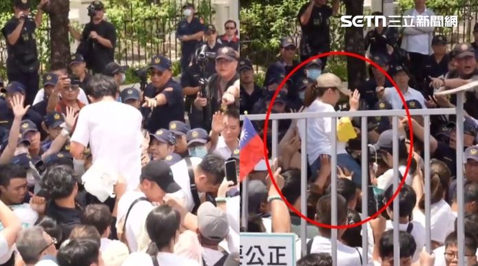 黃國昌（左圖）帶頭衝，民眾黨女戰狼陳智菡（右圖）也跟著爬上拒馬。（組合圖／翻攝畫面）