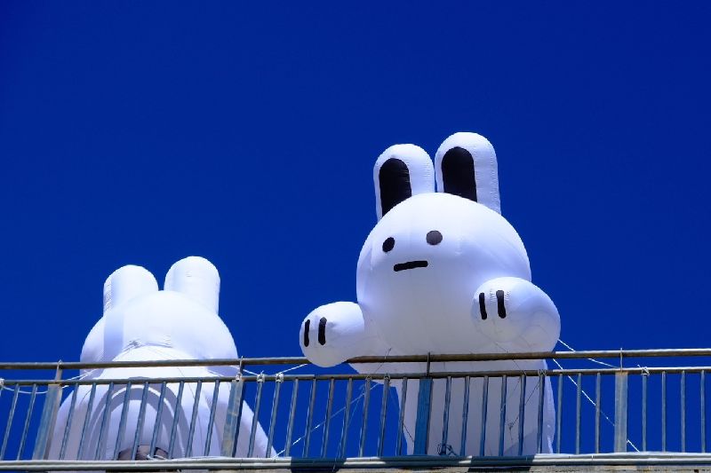北市河濱公園9月至10月將推出期間限定裝置藝術作品「兔兔Q」，「兔兔Q」將陪伴民眾在新月橋及新月廣場欣賞河岸美景。（新北市政府提供）