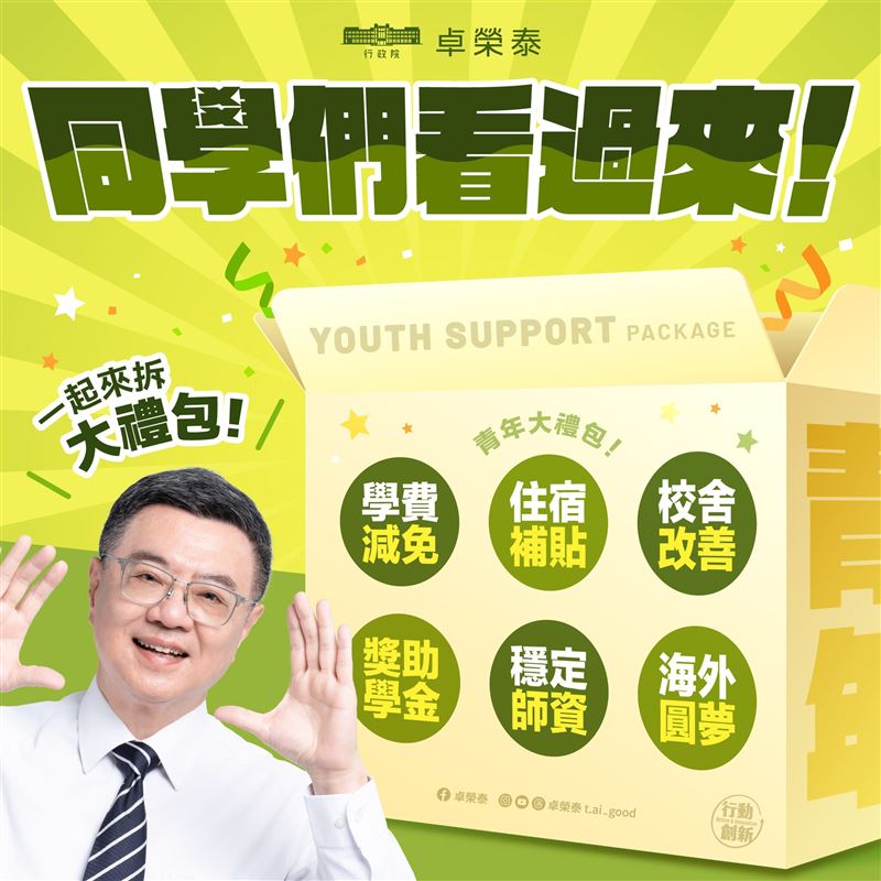 行政院長卓榮泰今（31）日在臉書分享開學禮包。(圖/翻攝卓榮泰臉書)