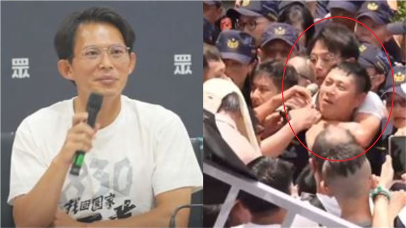 黃國昌堅稱手放肩上，對方笑很開心，並要追究搶宣傳車鑰匙員警的責任。（圖／翻攝自民眾之聲YT）