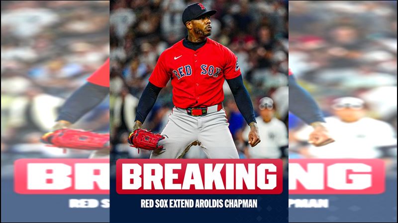 紅襪1日和守護神「古巴飛彈」查普曼（Aroldis Chapman）提前延約。（圖／翻攝自MLB X）