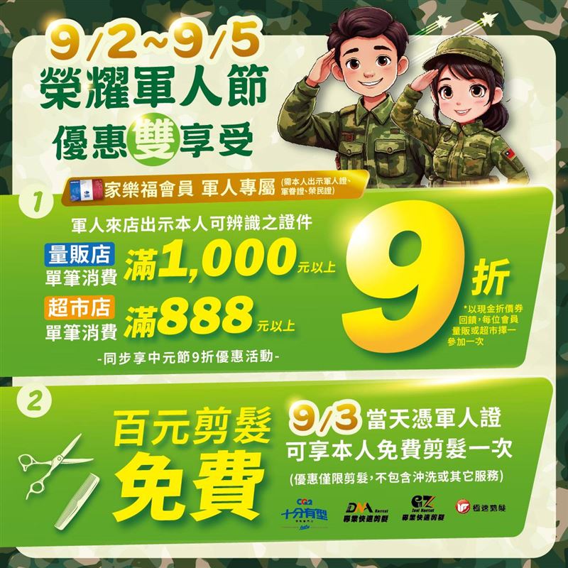 家樂福招待國軍免費剪髮。(圖／家樂福提供）