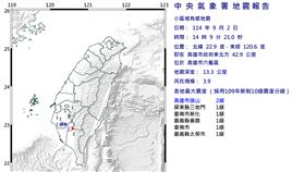 14時09分發生規模3.９地震。（圖／中央氣象署）