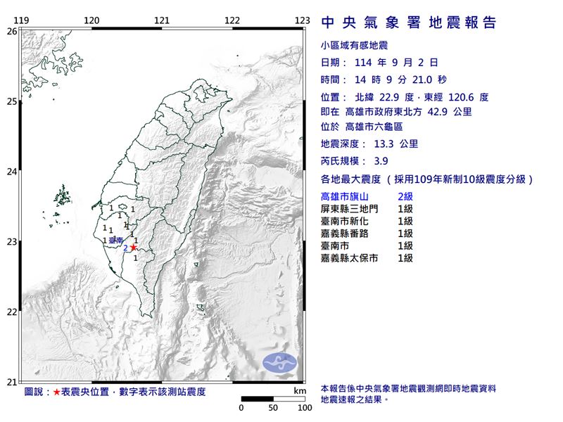 14時09分發生規模3.９地震。（圖／中央氣象署）