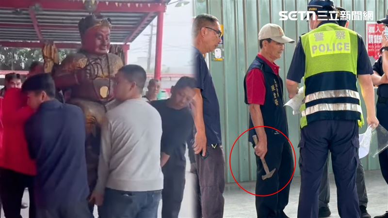 輔天五穀宮主委領工班持鐵鎚硬要撬開廟門施工，與信徒爆發衝突。（圖／民眾提供）