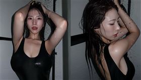 二壘妹穿連身泳衣洗澡，超兇火辣身材呼之欲出，濕身畫面引來大批網友朝聖。（圖／翻攝自二壘妹Threads）