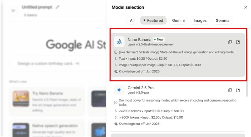 《三立新聞網》記者實測，開啟Google AI Studio後，先登入帳號並準備進入Nano Banana模型。（圖／翻攝自Google Germini）