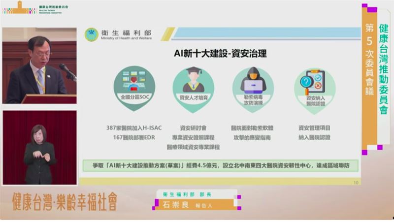 衛福部長石崇良提AI新十大建設。(圖/翻攝自總統府YT直播)