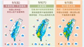 週末降雨趨勢。（圖／氣象署提供）