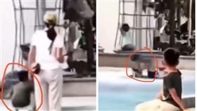 下方小孩不斷用力腳踢加速旋轉椅，導致上方一名男童僅靠雙手緊抓欄杆、身體懸空旋轉，就在旁人看傻之際，一名小男孩果斷出手，成功減速，才避免了悲劇發生。（圖／翻攝自微博）