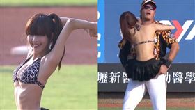 「瑜珈女神」房妍穿比基尼開完球，還跳上充當捕手的林智勝身上來個熊抱，日媒《Full Count》讚嘆實在是難以置信。（圖／翻攝自中華職棒YouTube）