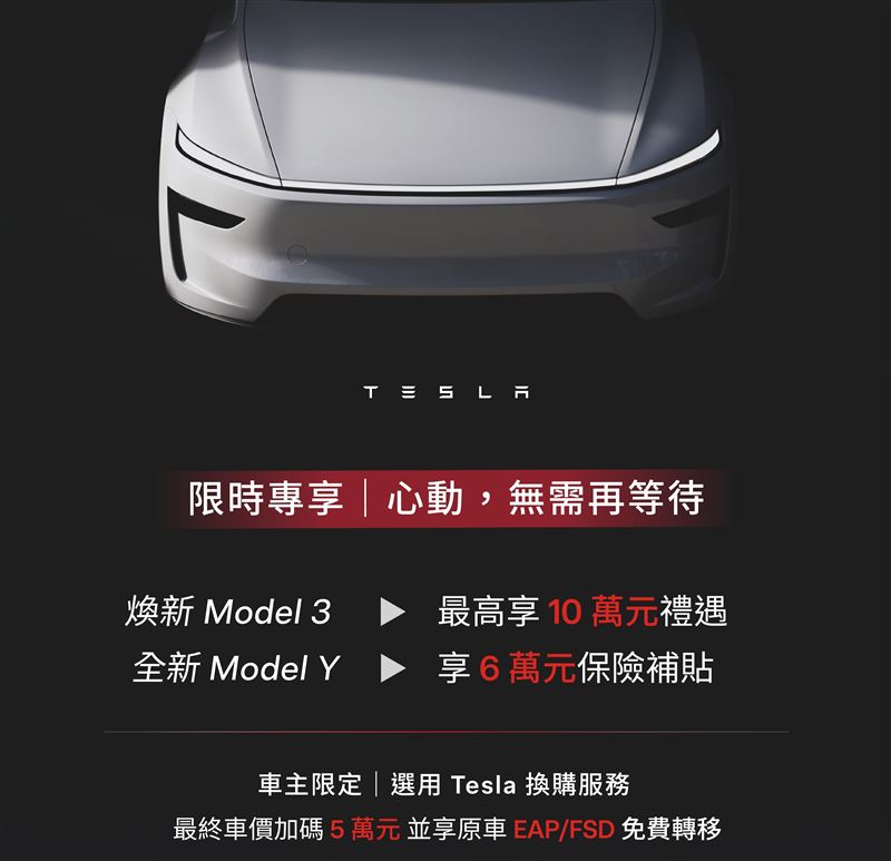 特斯拉降價方案。Tesla Model 3全車系降價最高10萬元。（圖／TESLA提供）