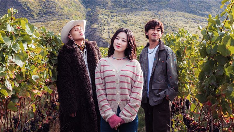黃宣（左起）、舒華和陳柏霖感受葡萄園中的優良風土條件。（圖／《出去一下》提供）