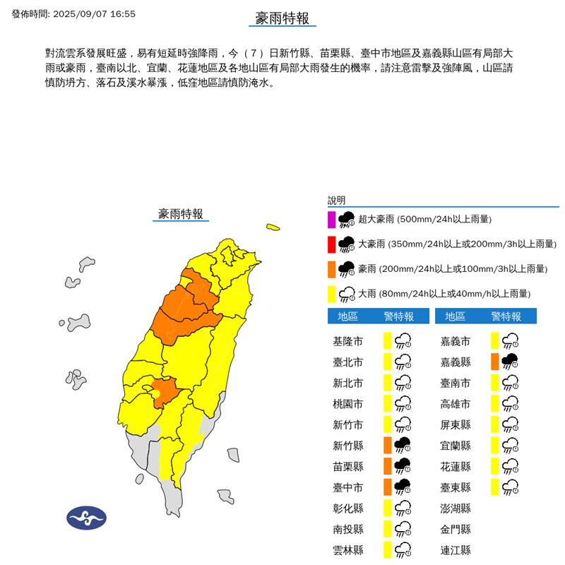 氣象署在今（7）天16:55發布豪雨特報。（圖／翻攝自氣象署）