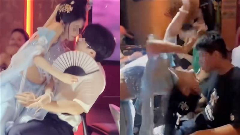 餐酒館內中國舞孃嗨跳，「貼男顧客、對嘴餵糖」遭檢舉。（圖／翻攝自微博）