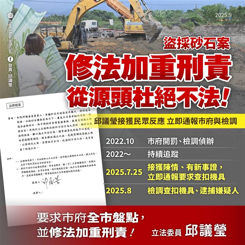 盜採砂石案，邱議瑩：已提案修法加重刑責根絕不法