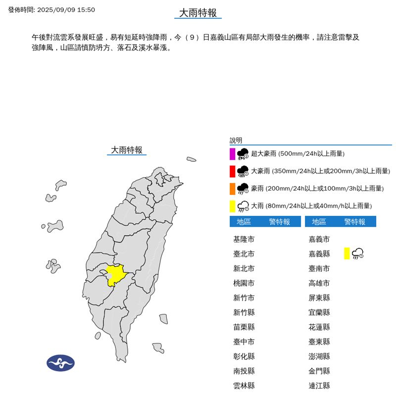 嘉義縣大雨特報。(圖/氣象署)