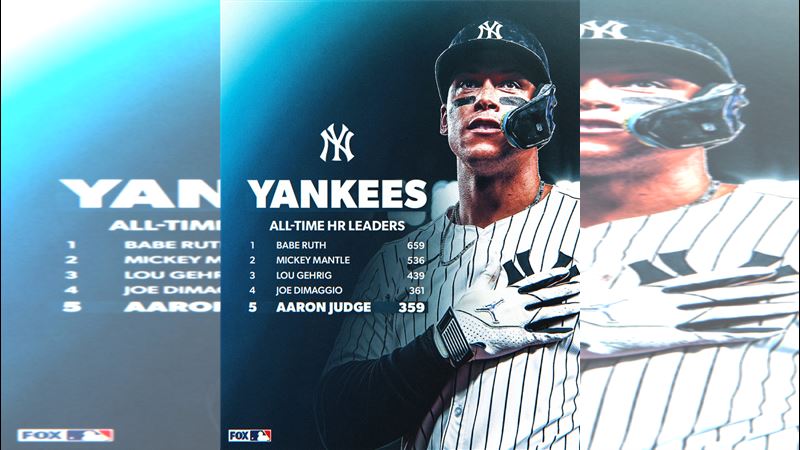 賈吉（Aaron Judge）本季44轟是他生涯第359轟，排名洋基隊史第5。（圖／翻攝自FOX Sports: MLB推特）