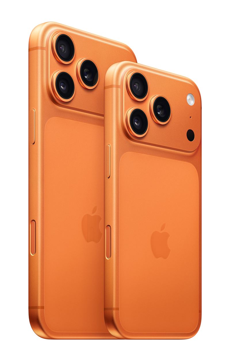 iPhone 17 Pro系列旗艦機型，後置三鏡頭全面升級至4,800萬畫素，前鏡頭則提升至1,800萬畫素，帶來專業級拍攝體驗，首度引入充滿活力的「宇宙橙」。（圖／台灣大提供）