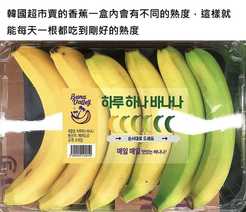 韓國超商賣香蕉一整盒「黃到綠」，眾人讚貼心。（圖／翻攝自魚漿夫婦臉書）