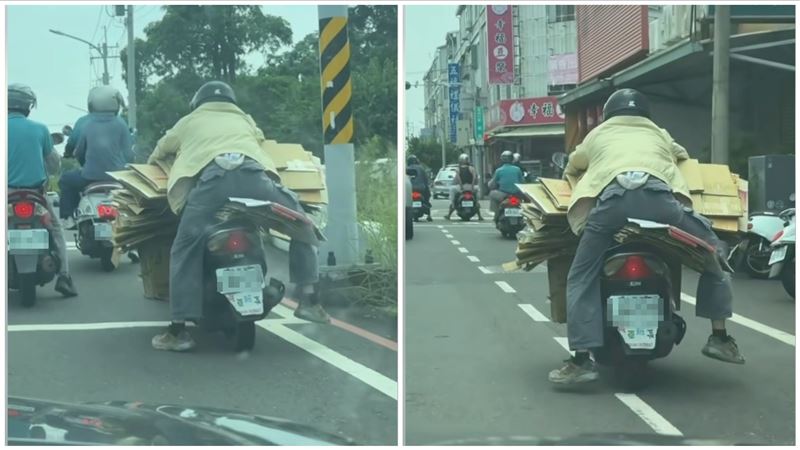 台南阿伯騎機車載紙箱，用路人看了捏把冷汗，警將依規定開罰。（圖／翻攝爆料公社）