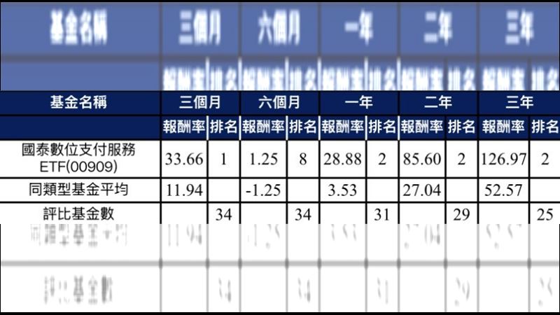 國泰數位支付服務ETF績效表。（圖／投信投顧公會基金績效評比表）