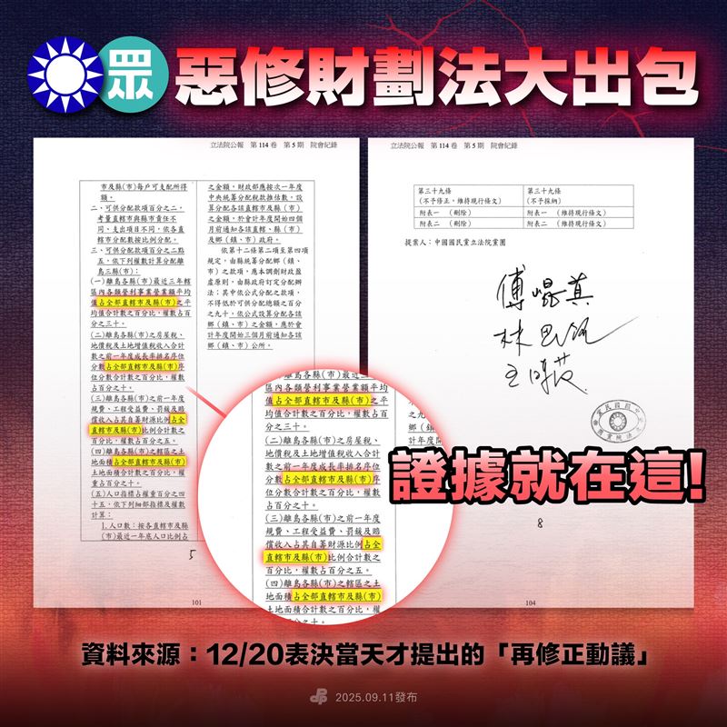 惡修財劃法大出包，民進黨貼出證據，指出12月20日表決當天才提出「再修正動議」。（圖／翻攝自民主進步黨臉書）