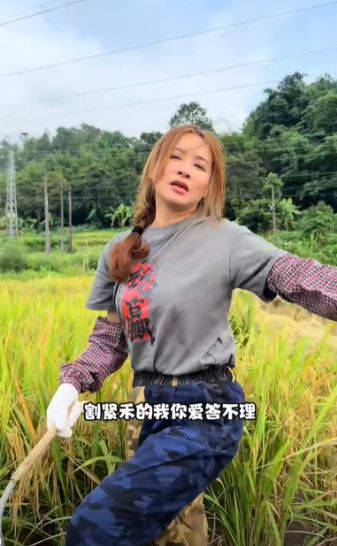 麥家琪對鏡頭喊話：「我在田裡割稻的時候，你愛理不理」十分有趣。（圖／翻攝自麥家琪　TikTok）
