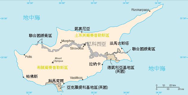 賽普勒斯地圖，南塞北賽由聯合國緩衝區分隔。（圖／翻攝自維基百科）